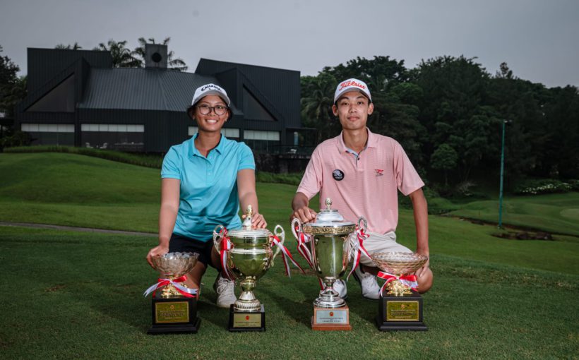 Randy Arbenata M Bintang dan Gemilau Joane Kurnia berfoto bersama usai menjuarai Kejuaraan Nasional Golf Amatir 2025 di Bogor, Jumat (8/5/2025).