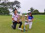 Amadeus Christian Susanto (kiri) dan Sania Talita Wahyudi berfoto dengan trofi usai menjuarai OJAO 2025 di Gunung Geulis Golf & Country Club, Bogor, Jawa Barat, Kamis (19 Juli 2025).