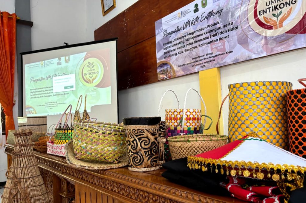 Produk-produk kerajinan tangan yang dibawa oleh pelaku UMKM di Entikong berupa alat penangkap ikan berbentuk kerucut (lukah); anyaman bambu (lanjung) beruba keranjang dan tas; dan wadah-wadah ukiran kayu).