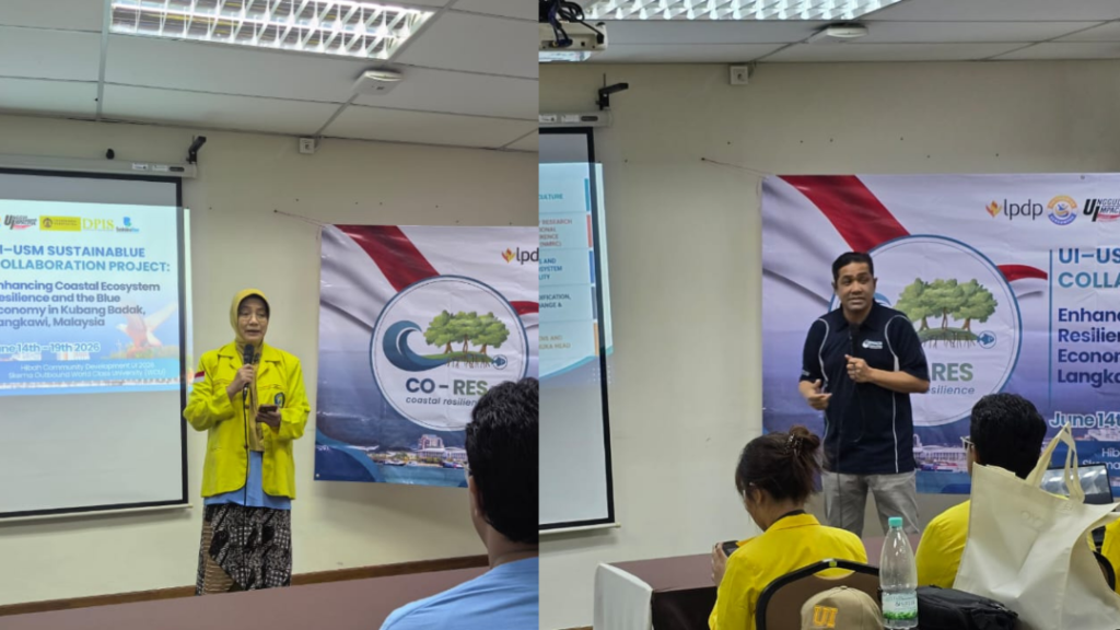 Sambutan pembukaan oleh Dr. Retno Lestari, M.Si. (sebelah kiri) selaku kepala Tim Pengembangan Komunitas UI dan Prof. Dr. Mahadi Mohammad (sebelah kanan) selaku Direktur Pusat Studi Kelautan dan Pesisir (CEMACS) USM.